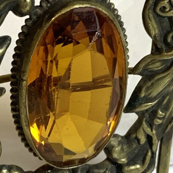 Antique Art Nouveau Brass Sash Pin Amber Glass Stone Open C Clasp 1910s Brooch - Picture 5 of 13